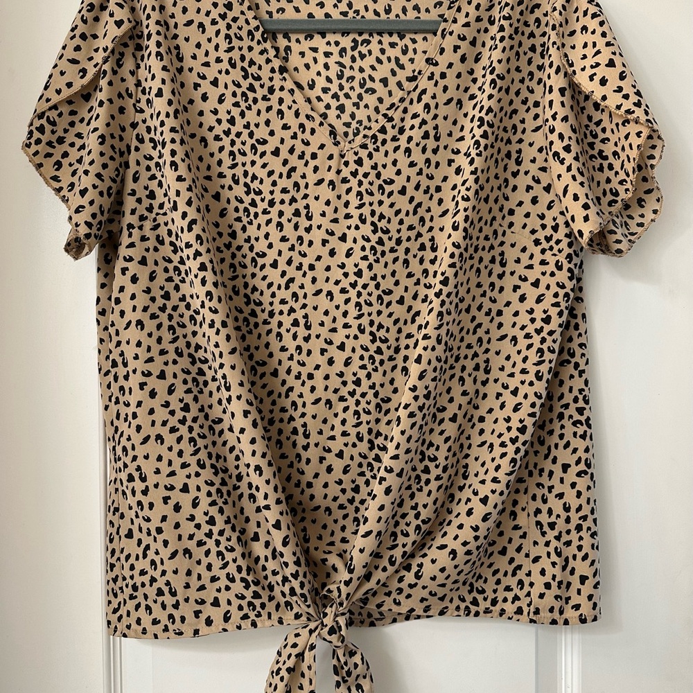 Leopard Print Tie-Front Blouse, Size XL